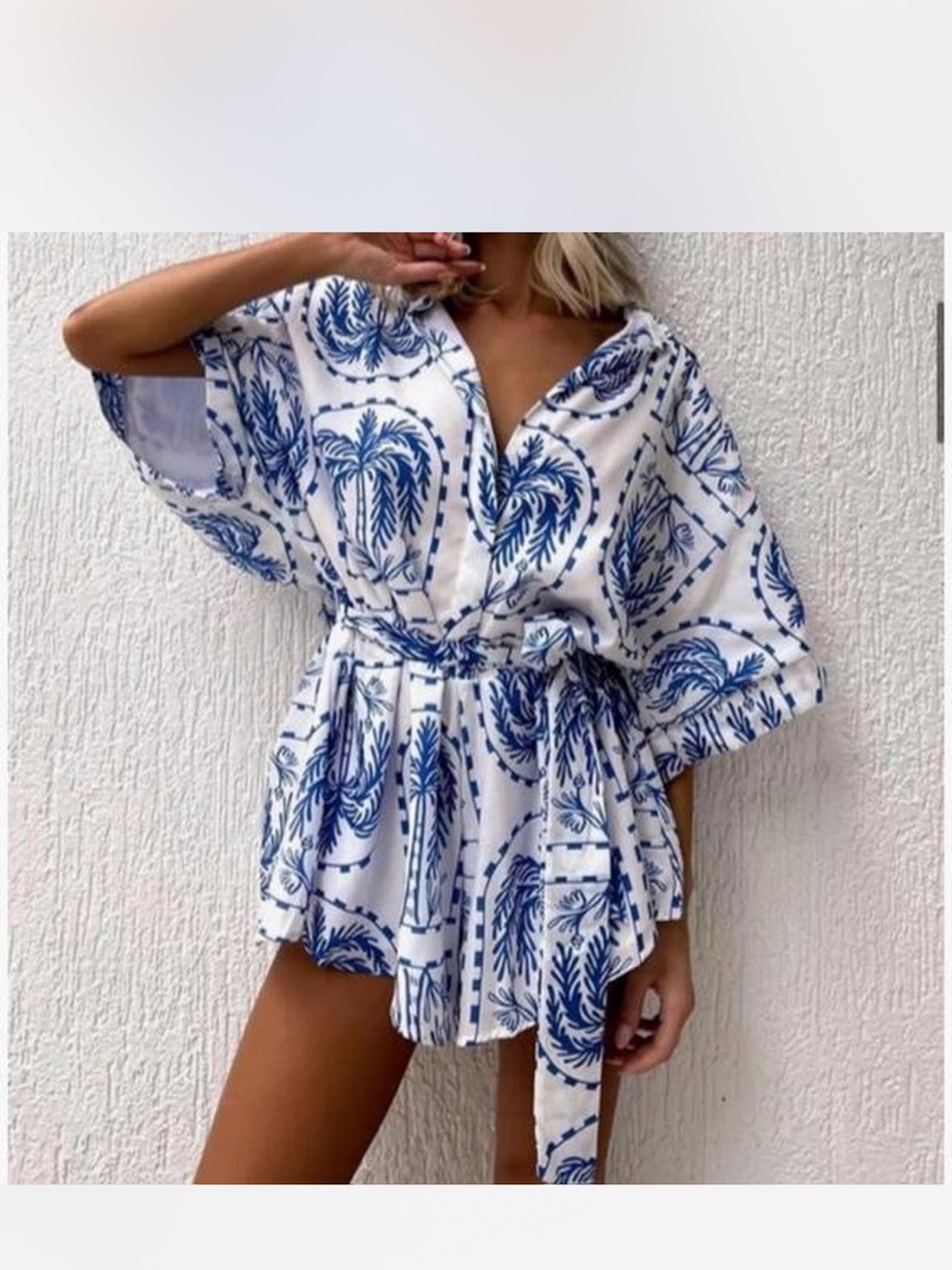 White Romper with Blue Palm Print